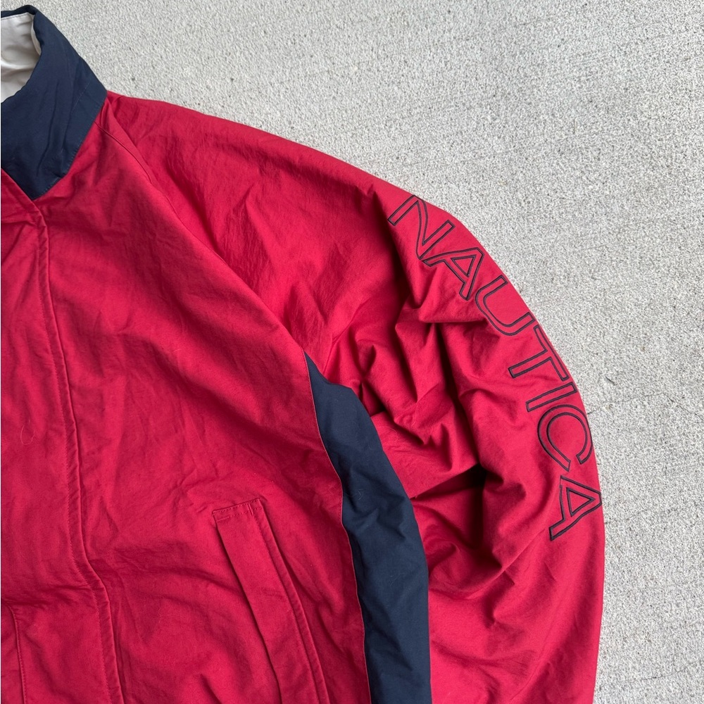 Vintage Nautica Sailing Jacket Mens XL Red Blue Colorblock Hideaway Hood Flaw - Picture 5 of 14